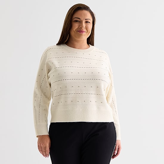 Liz Claiborne Plus Womens Crew Neck Long Sleeve Pullover Sweater