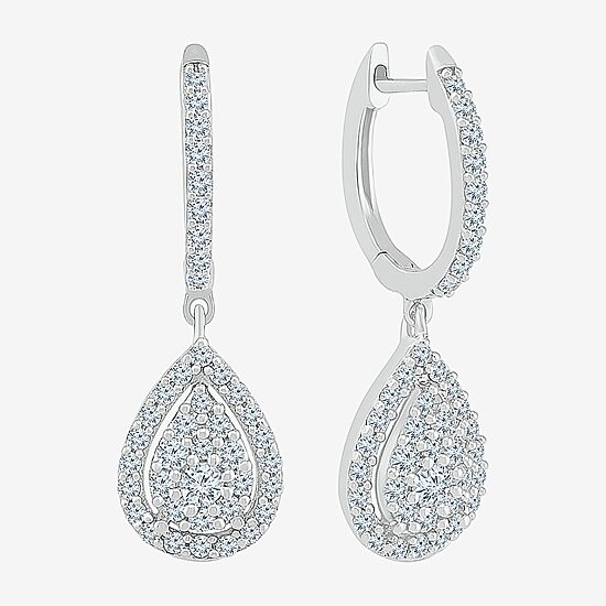 Womens 3/4 CT. T.W. Natural White Diamond 10K Gold 26.3mm Pear Hoop Earrings