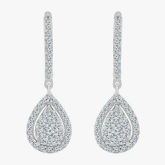 Womens 3/4 CT. T.W. Natural White Diamond 10K Gold 26.3mm Pear Hoop Earrings