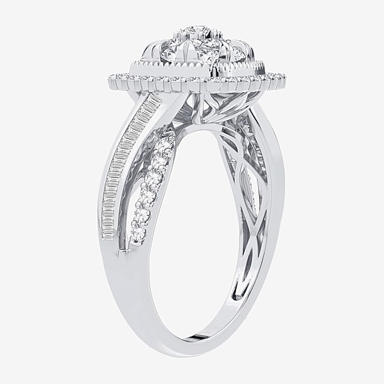 Womens 1 CT. T.W. Natural White Diamond 10K Gold Cushion Side Stone Halo Engagement Ring