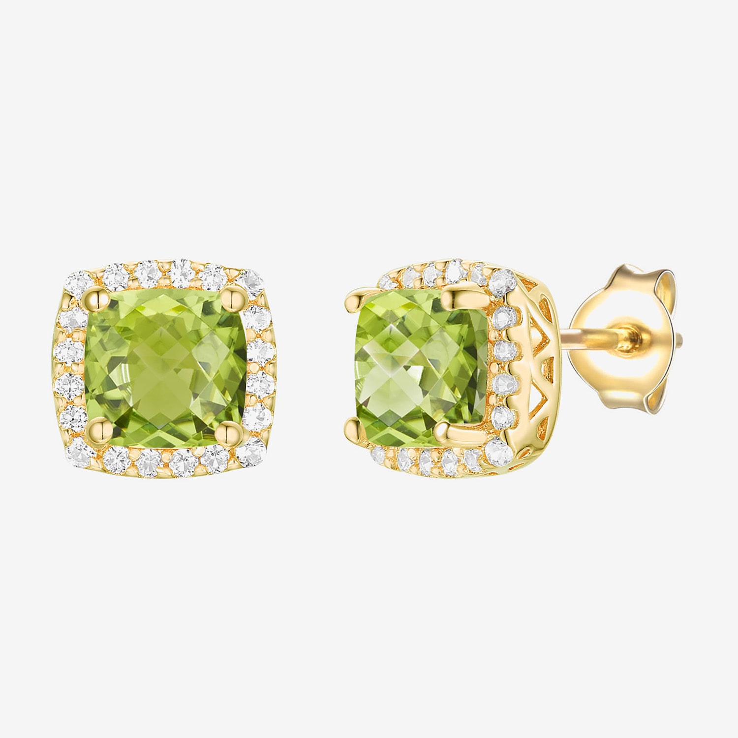 Genuine Green Peridot 14K Gold Over Silver 6.6mm Cushion Stud Earrings