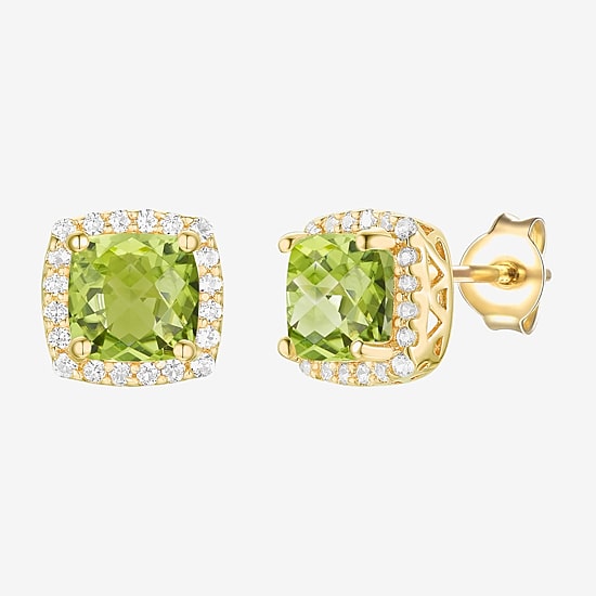 Genuine Green Peridot 14K Gold Over Silver 6.6mm Cushion Stud Earrings