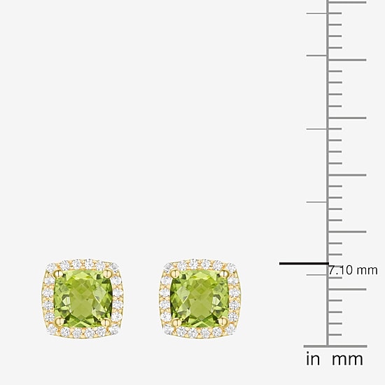 Genuine Green Peridot 14K Gold Over Silver 6.6mm Cushion Stud Earrings