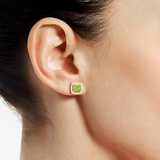 Genuine Green Peridot 14K Gold Over Silver 6.6mm Cushion Stud Earrings