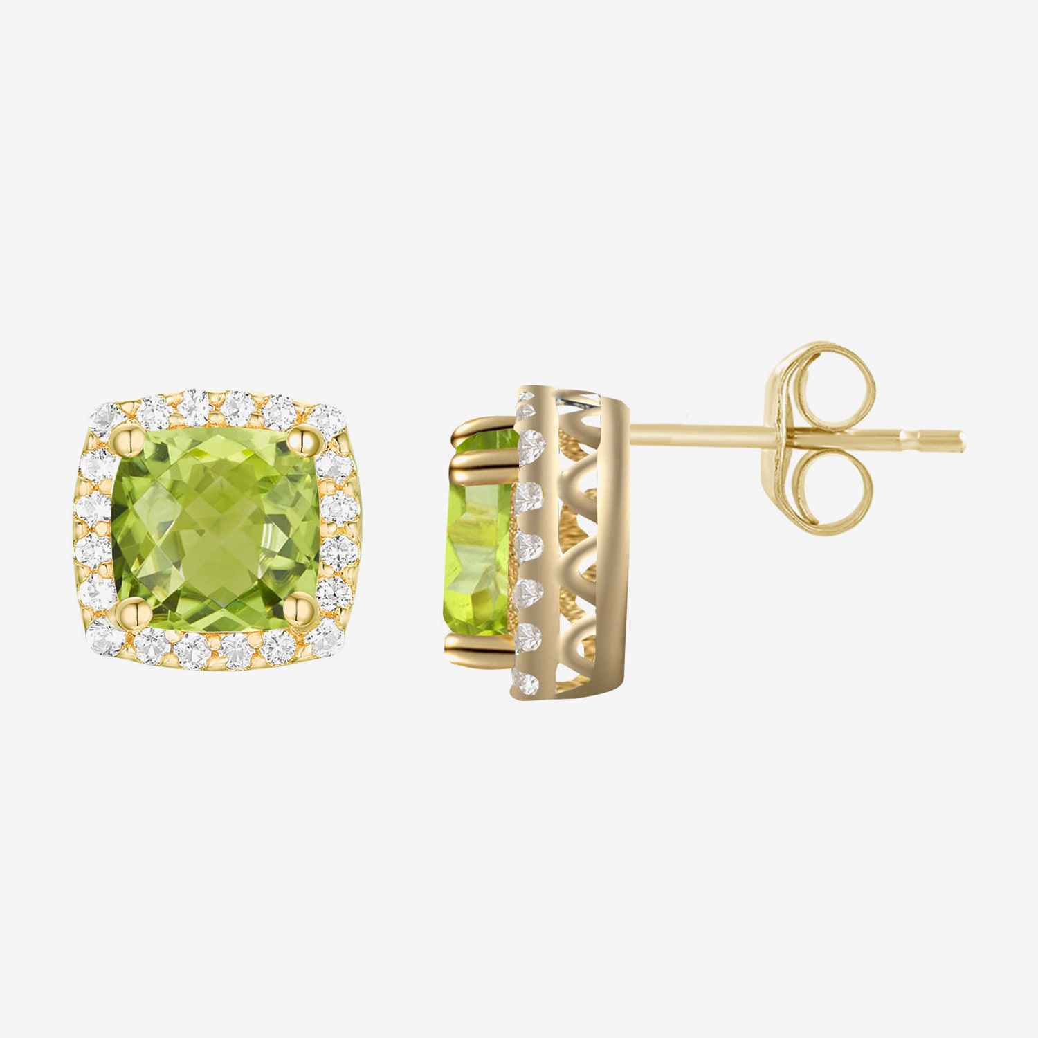 Genuine Green Peridot 14K Gold Over Silver 6.6mm Cushion Stud Earrings
