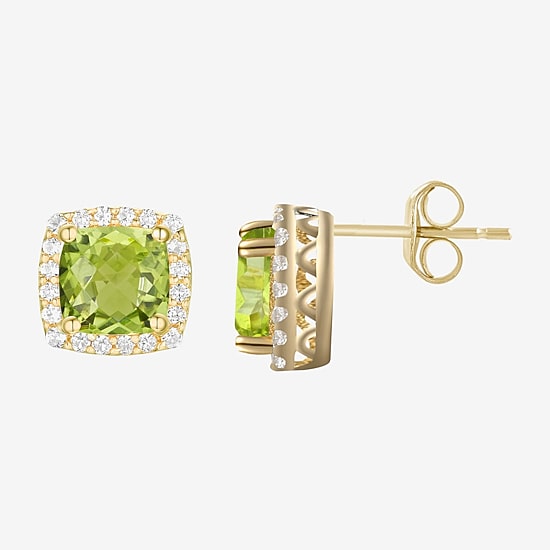 Genuine Green Peridot 14K Gold Over Silver 6.6mm Cushion Stud Earrings