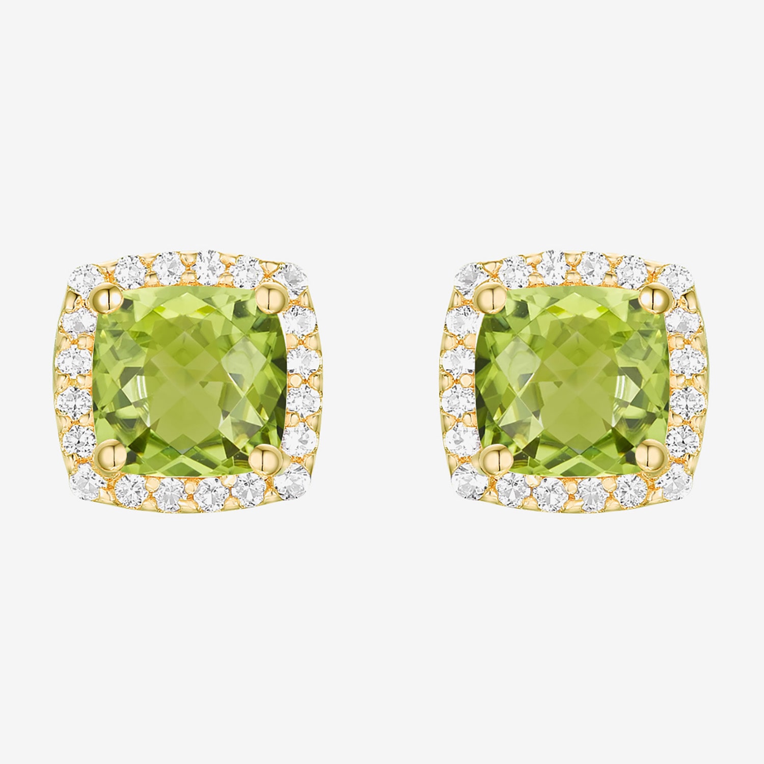 Genuine Green Peridot 14K Gold Over Silver 6.6mm Cushion Stud Earrings