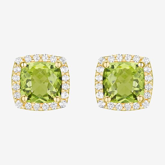 Genuine Green Peridot 14K Gold Over Silver 6.6mm Cushion Stud Earrings
