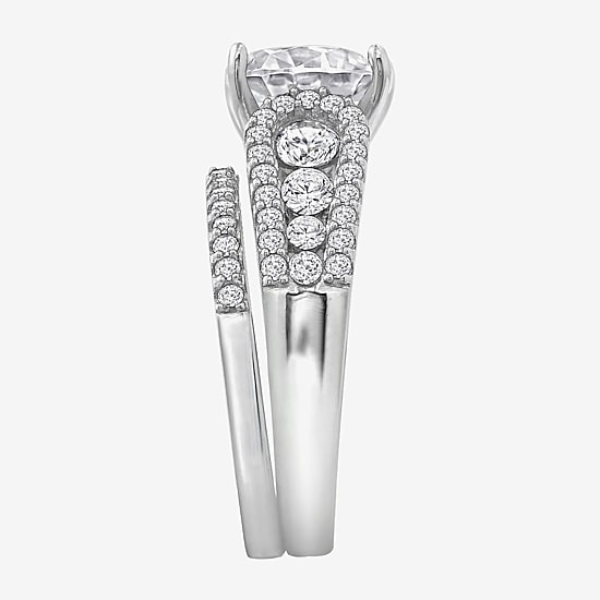 Diamonart Womens Cubic Zirconia Sterling Silver Side Stone Bridal Set