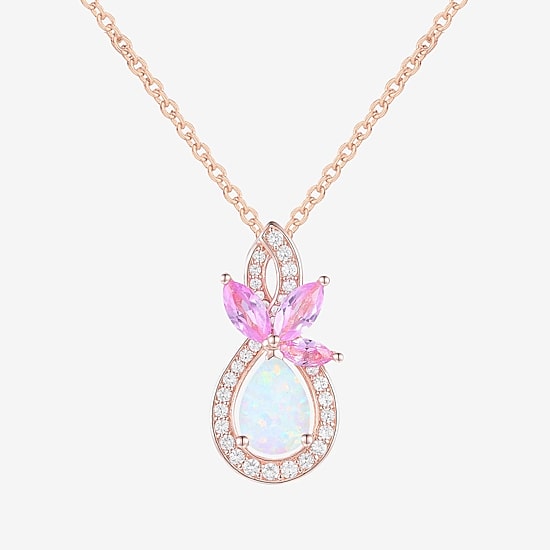 Womens Lab Created White Opal 14K Rose Gold Over Silver Pear 18 Inch Pendant Necklace