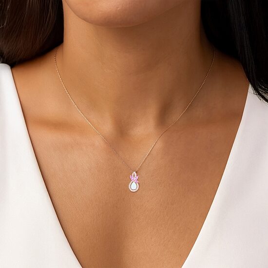 Womens Lab Created White Opal 14K Rose Gold Over Silver Pear 18 Inch Pendant Necklace