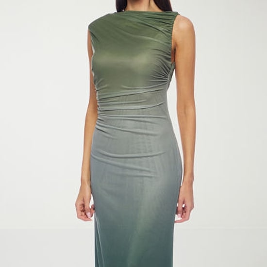 Premier Amour Ombre Womens Midi Asymmetrical Neck Sleeveless Sheath Dress