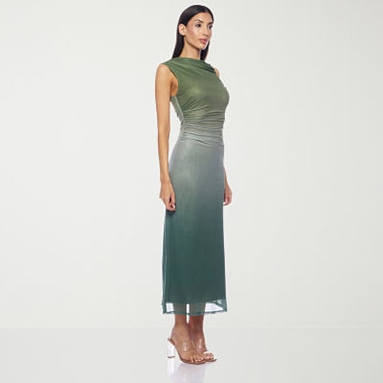 Premier Amour Ombre Womens Midi Asymmetrical Neck Sleeveless Sheath Dress