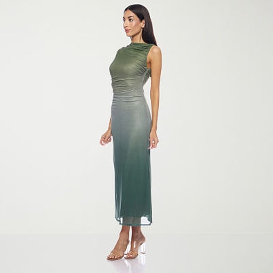 Premier Amour Ombre Womens Midi Asymmetrical Neck Sleeveless Sheath Dress