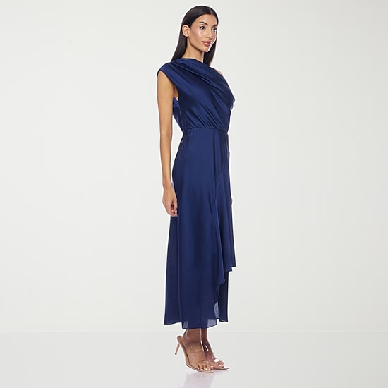 Premier Amour Womens Midi Straight Neck Sleeveless Off the Shoulder Fit + Flare Dress