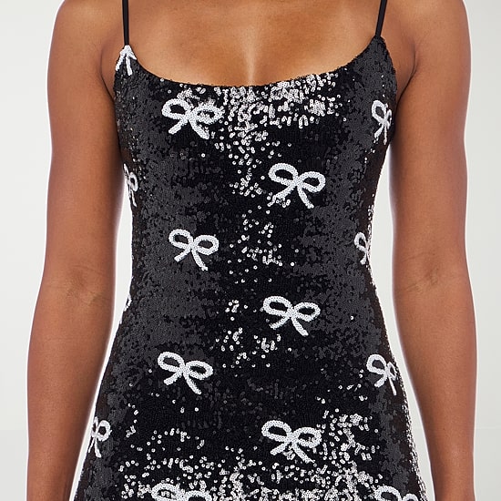 B. Smart Womens Juniors Square Neck Sleeveless Sequin Bows Bodycon Dress