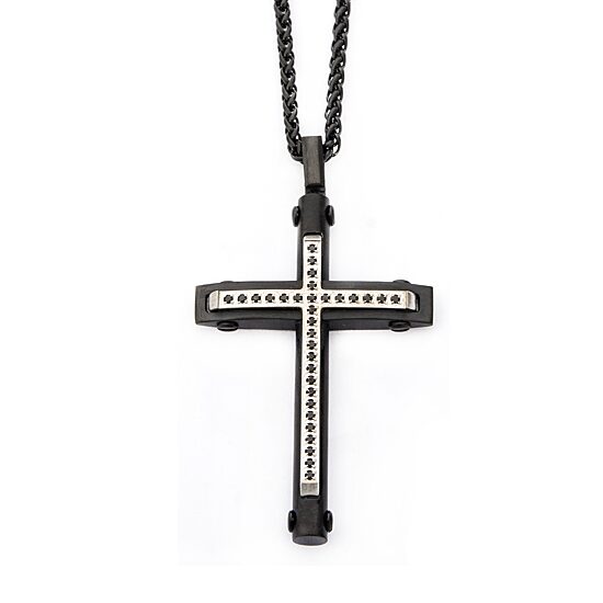 Mens Black Cubic Zirconia Stainless Steel Cross 24 Inch Pendant Necklace