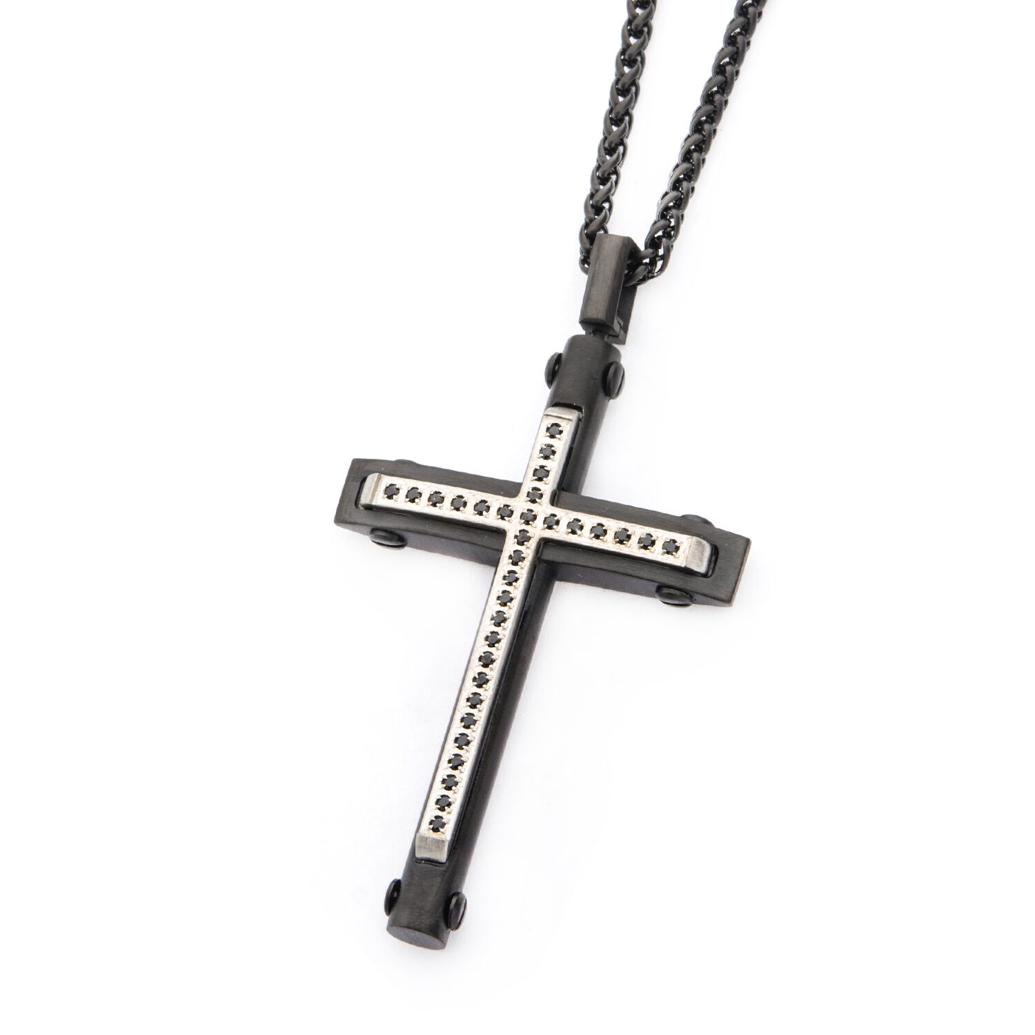 Mens Black Cubic Zirconia Stainless Steel Cross 24 Inch Pendant Necklace