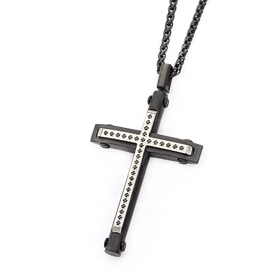 Mens Black Cubic Zirconia Stainless Steel Cross 24 Inch Pendant Necklace