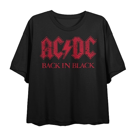 Acdc Back In Black Cropped Tee Womens Juniors Crew Neck Short Sleeve Loose Fit Graphic T-Shirt