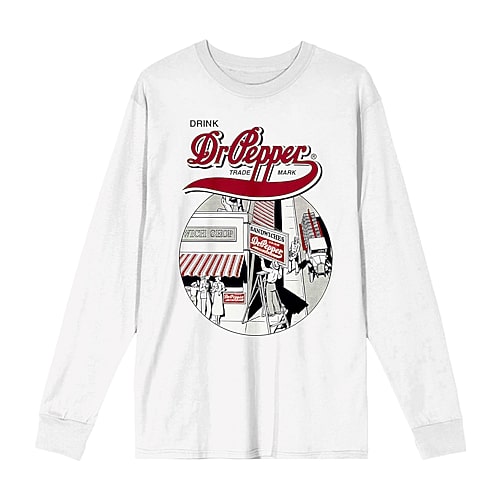 Dr. Pepper Vintage Womens Juniors Crew Neck Long Sleeve Loose Fit Graphic T-Shirt, Xx-large, White