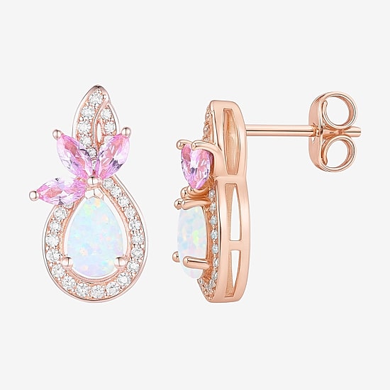 Womens Lab Created White Opal 14K Rose Gold Over Silver Pear Drop Earrings