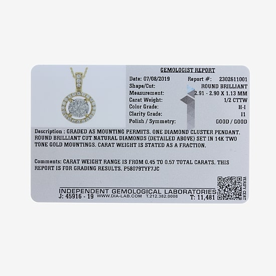 Womens 1/2 CT. T.W. Natural White Diamond 14K White or Yellow Gold Round Pendant Necklace