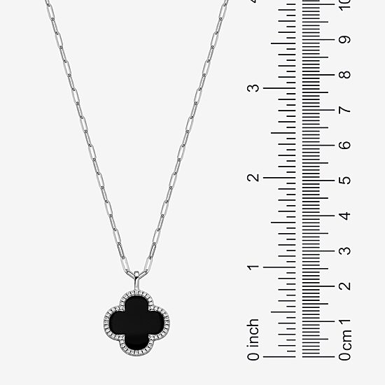 Womens 1 3/4 CT. T.W. Black Agate Sterling Silver Clover Paperclip 17 Inch Pendant Necklace