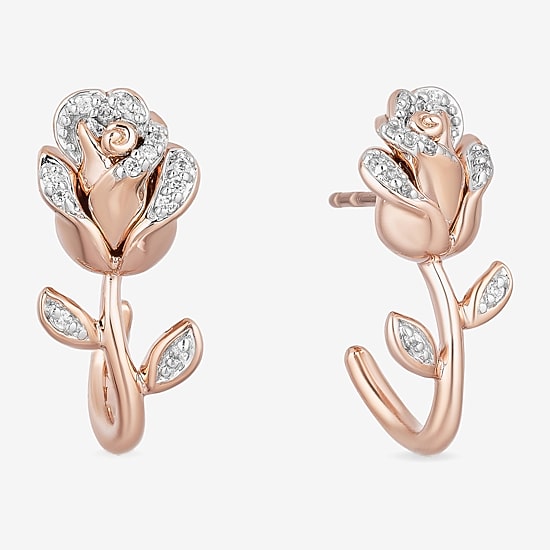 Womens 1/10 CT. T.W. Natural White Diamond 14K Rose Gold Over Silver Flower Beauty and the Beast Belle Princess Drop Earrings