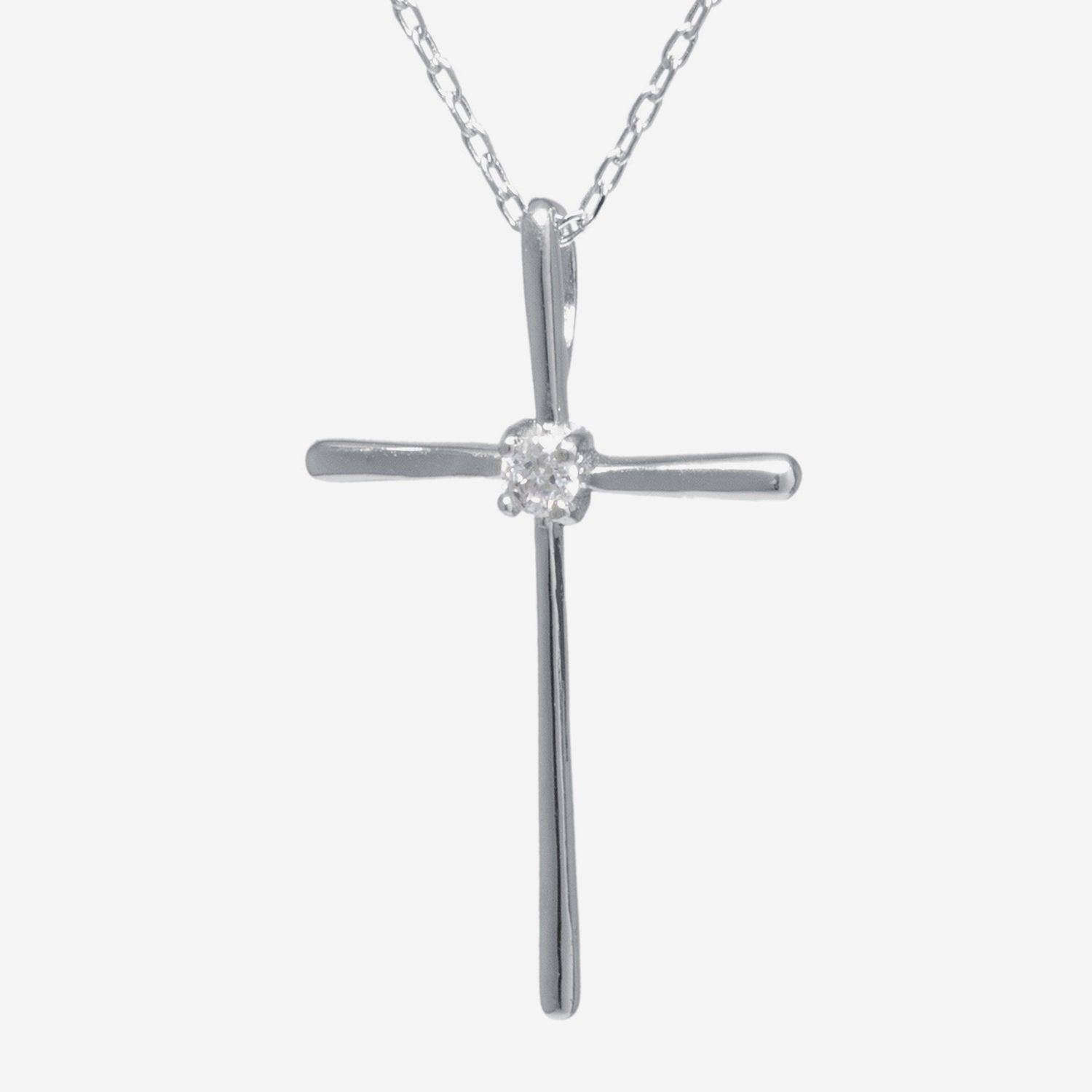 Silver Treasures Womens White Cubic Zirconia Sterling Silver Cross 18 Inch Pendant Necklace