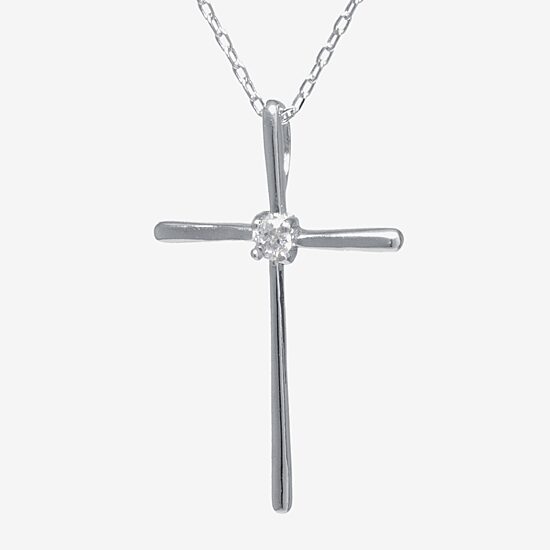 Silver Treasures Womens White Cubic Zirconia Sterling Silver Cross 18 Inch Pendant Necklace