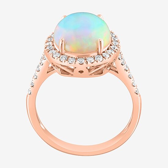 Effy Final Call Womens Genuine White Opal 14K Rose Gold Over Silver Sterling Silver Oval Halo Side Stone Cocktail Ring