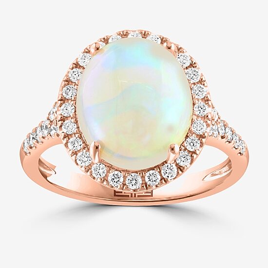 Effy Final Call Womens Genuine White Opal 14K Rose Gold Over Silver Sterling Silver Oval Halo Side Stone Cocktail Ring