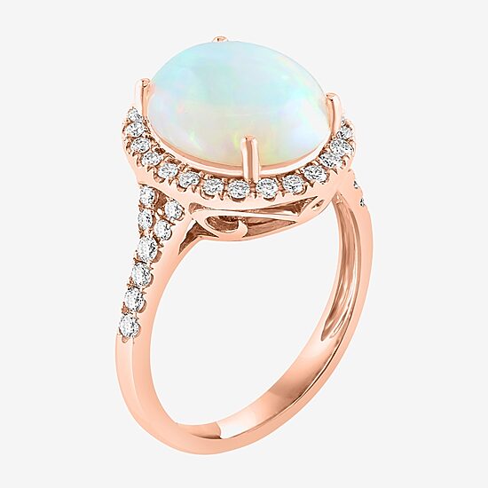 Effy Final Call Womens Genuine White Opal 14K Rose Gold Over Silver Sterling Silver Oval Halo Side Stone Cocktail Ring