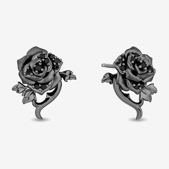 Enchanted Disney Fine Jewelry 1/6 CT. T.W. Natural Black Diamond Sterling Silver 14.8mm Flower Maleficent Stud Earrings