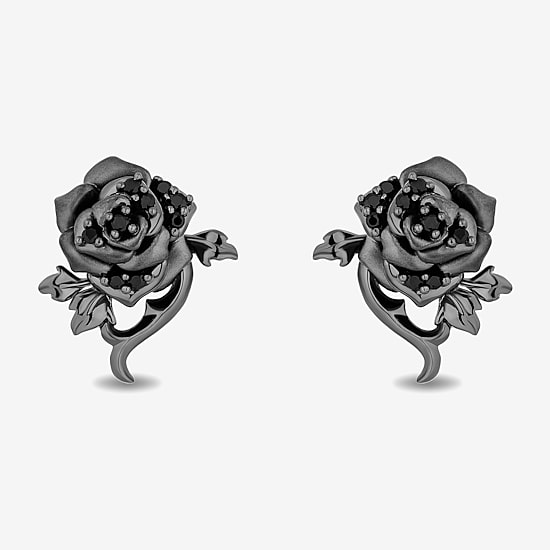 Enchanted Disney Fine Jewelry 1/6 CT. T.W. Natural Black Diamond Sterling Silver 14.8mm Flower Maleficent Stud Earrings