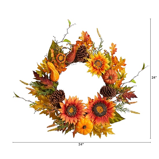 Nearly Natural 24" Fall Sunflower Arrangement Faux Wreath