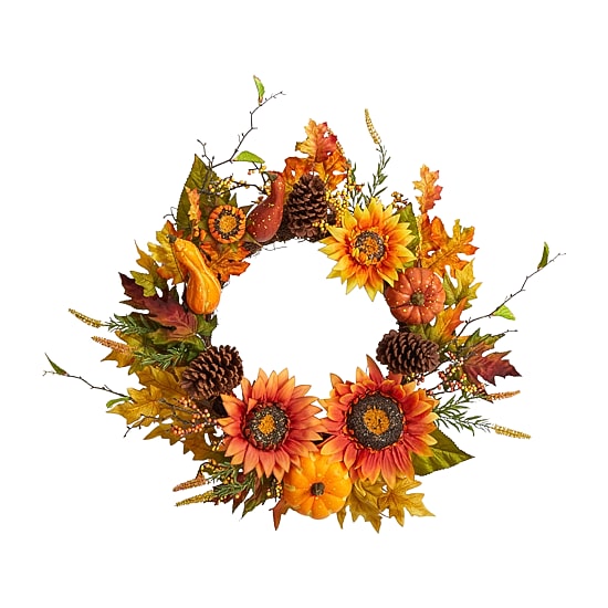 Nearly Natural 24" Fall Sunflower Arrangement Faux Wreath