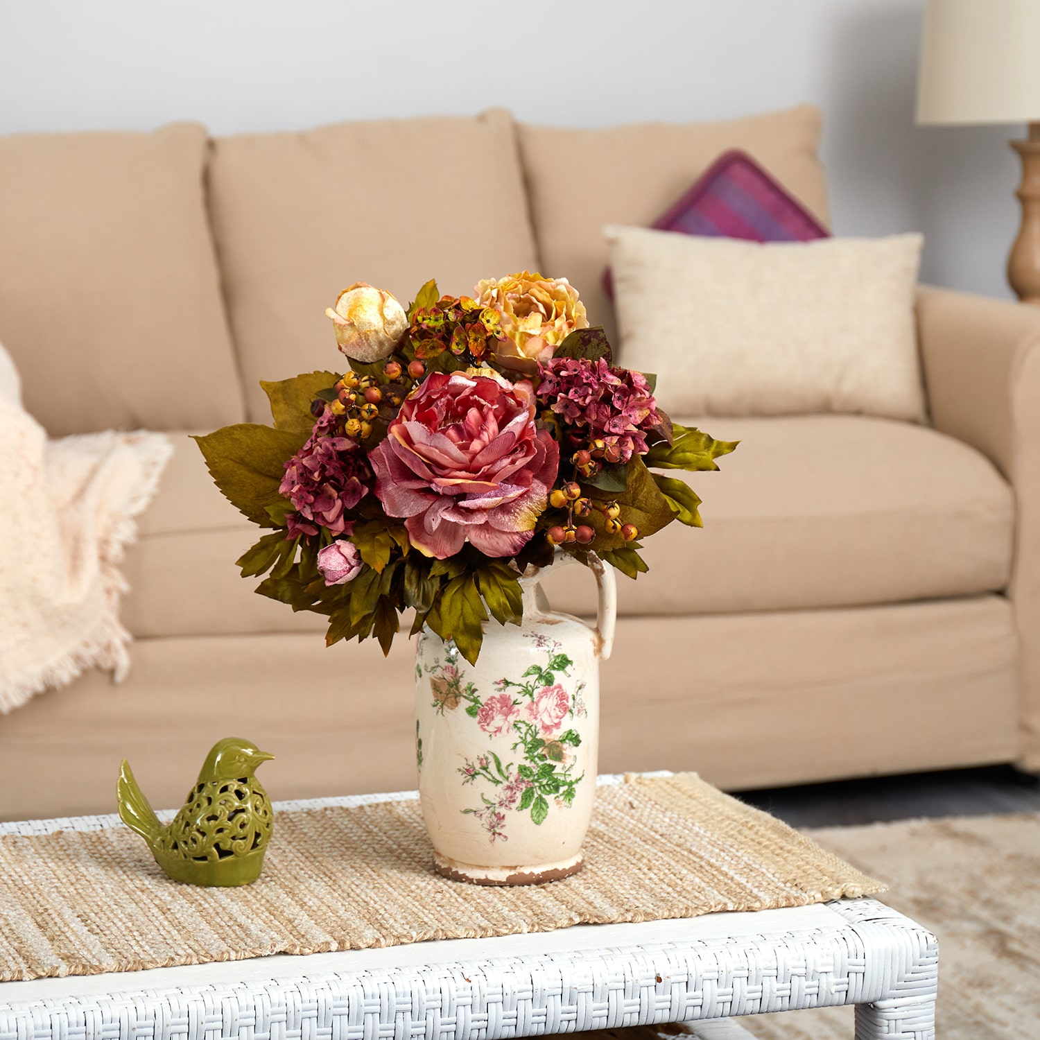 Nearly Natural "18"" Faux Peony" Floral Arrangement