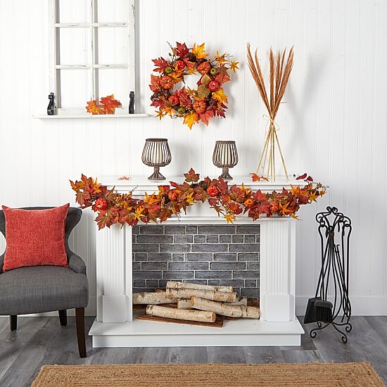Nearly Natural Maple Pumpkin Gourd & Berry Faux Thanksgiving Indoor Garland
