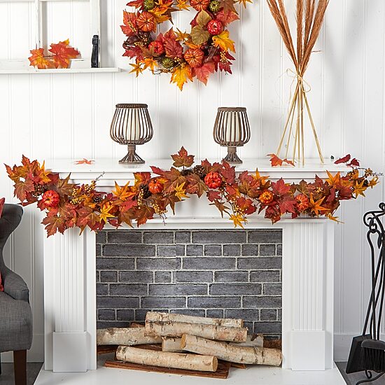 Nearly Natural Maple Pumpkin Gourd & Berry Faux Thanksgiving Indoor Garland
