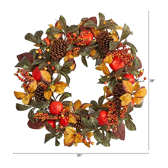 Nearly Natural 26" Persimmon & Pinecones Faux Wreath