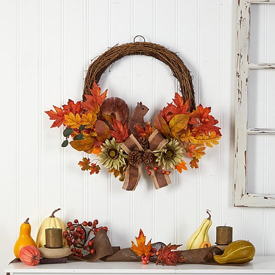 Nearly Natural 26" Fall Artificial With Squirrel Wreath