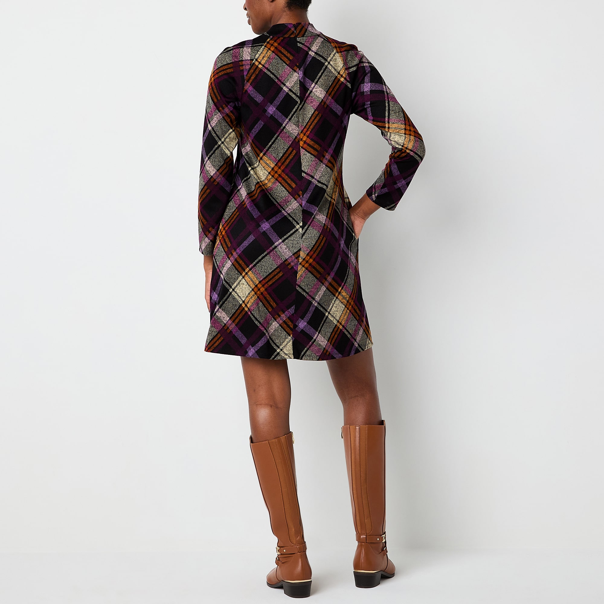 Jessica Howard Womens Mock Neck 3/4 Sleeve Plaid Shift Dress