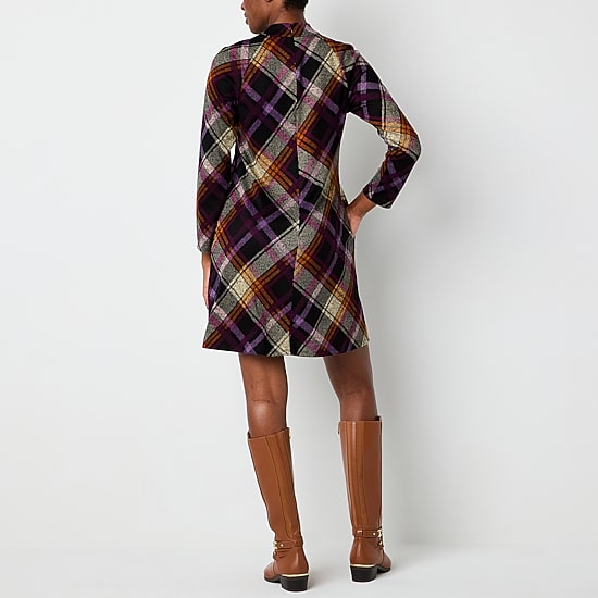 Jessica Howard Womens Mock Neck 3/4 Sleeve Plaid Shift Dress