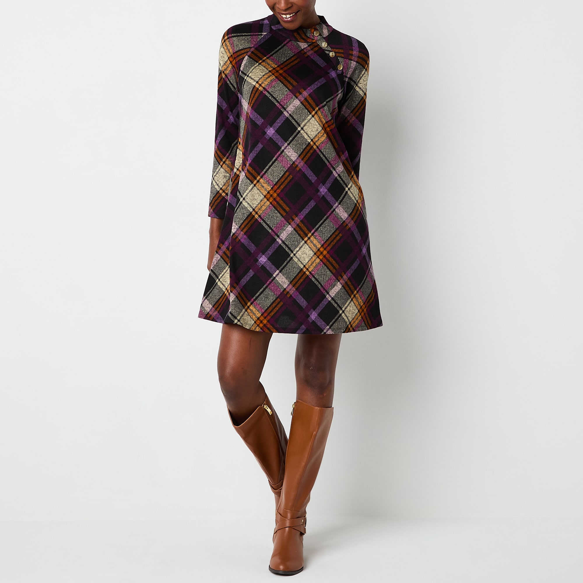 Jessica Howard Womens Mock Neck 3/4 Sleeve Plaid Shift Dress