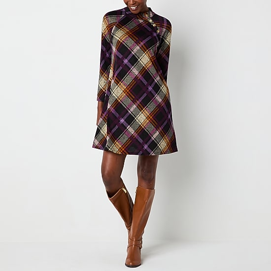Jessica Howard Womens Mock Neck 3/4 Sleeve Plaid Shift Dress
