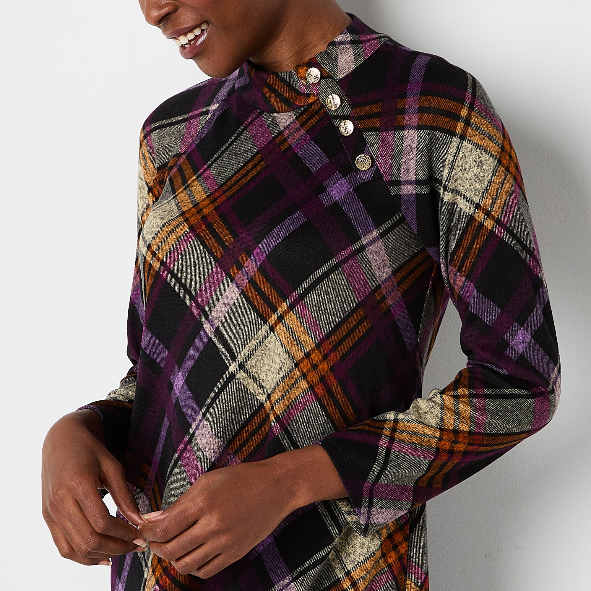 Jessica Howard Womens Mock Neck 3/4 Sleeve Plaid Shift Dress