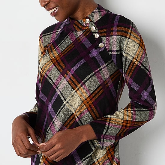 Jessica Howard Womens Mock Neck 3/4 Sleeve Plaid Shift Dress
