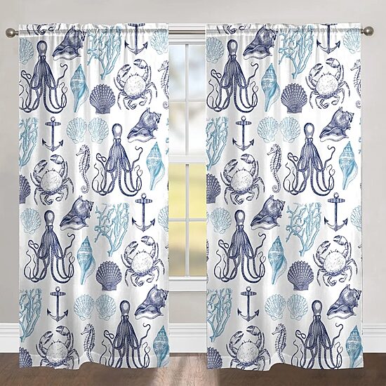 Laural Home Navy Coastal Creatures Rod Pocket Sheer Single Curtain Panel